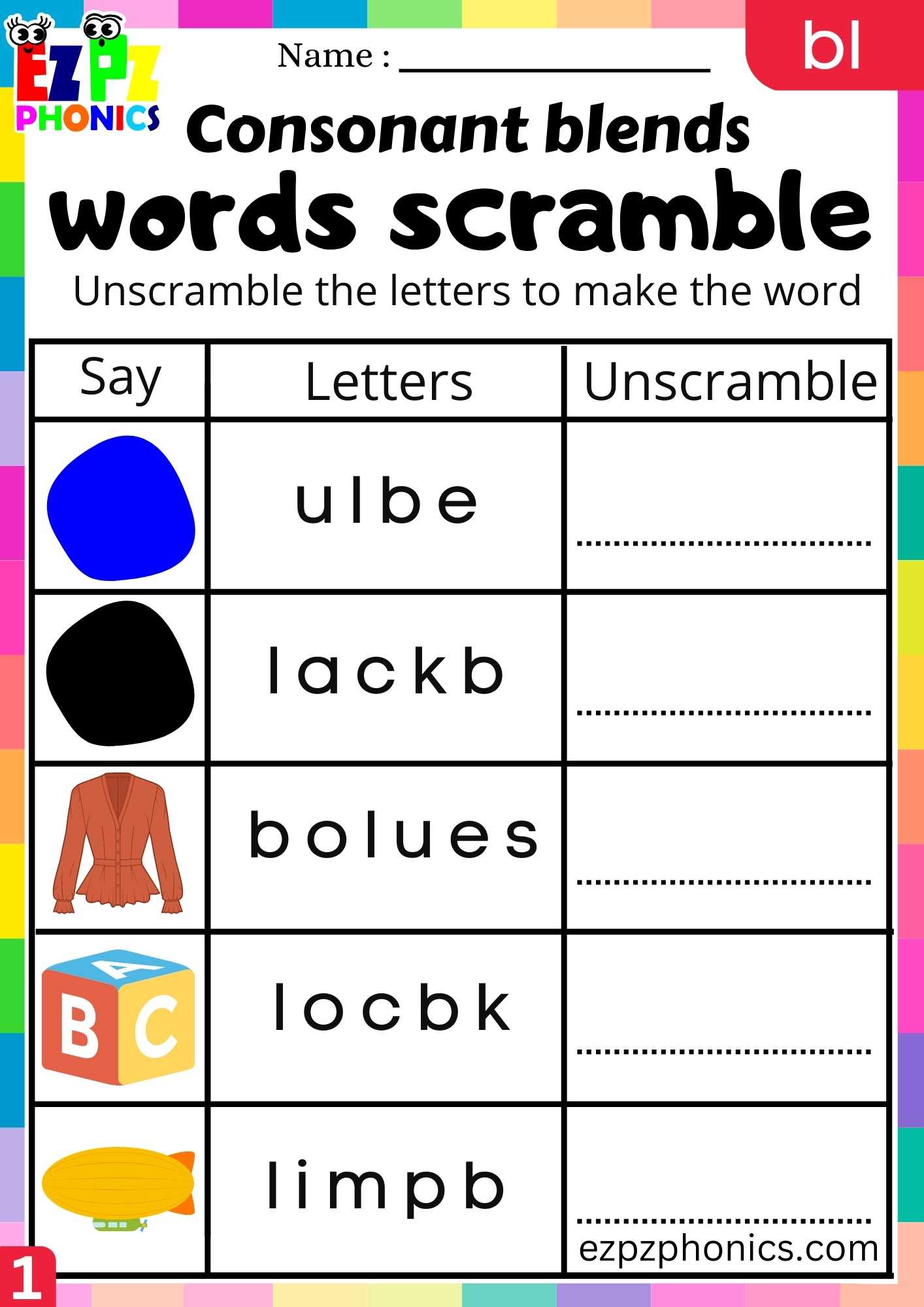 Group Bl Words Words Scramble Phonics Consonant Blends Worksheet Ezpzphonics Com